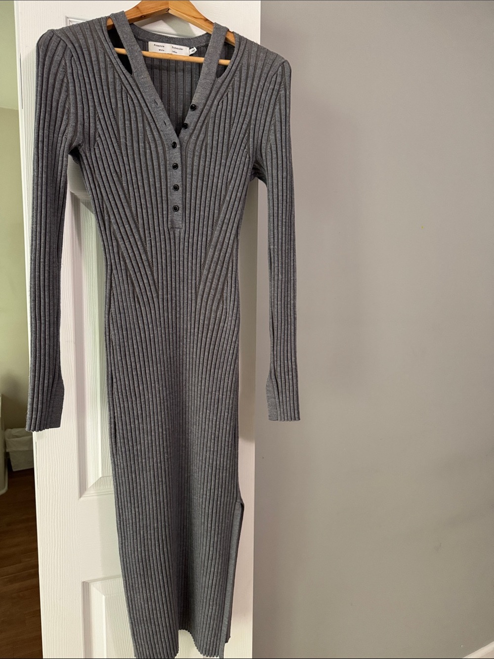 Proenza Schouler Gray Ribbed Long-Sleeve V-Neck Midi Dress